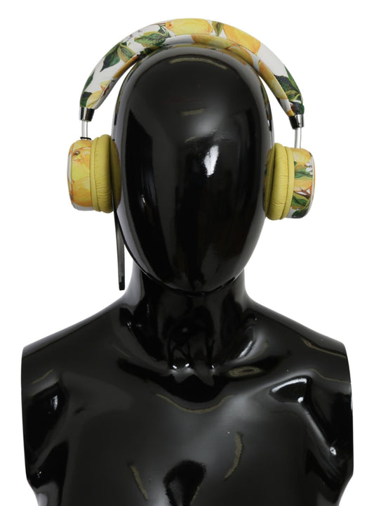 Dolce & Gabbana Chic White Leather Headphones with Yellow Print