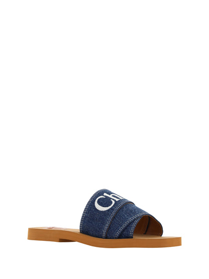 Chloé Sumptuous Cotton Woody Slide Sandals in Denim Blue