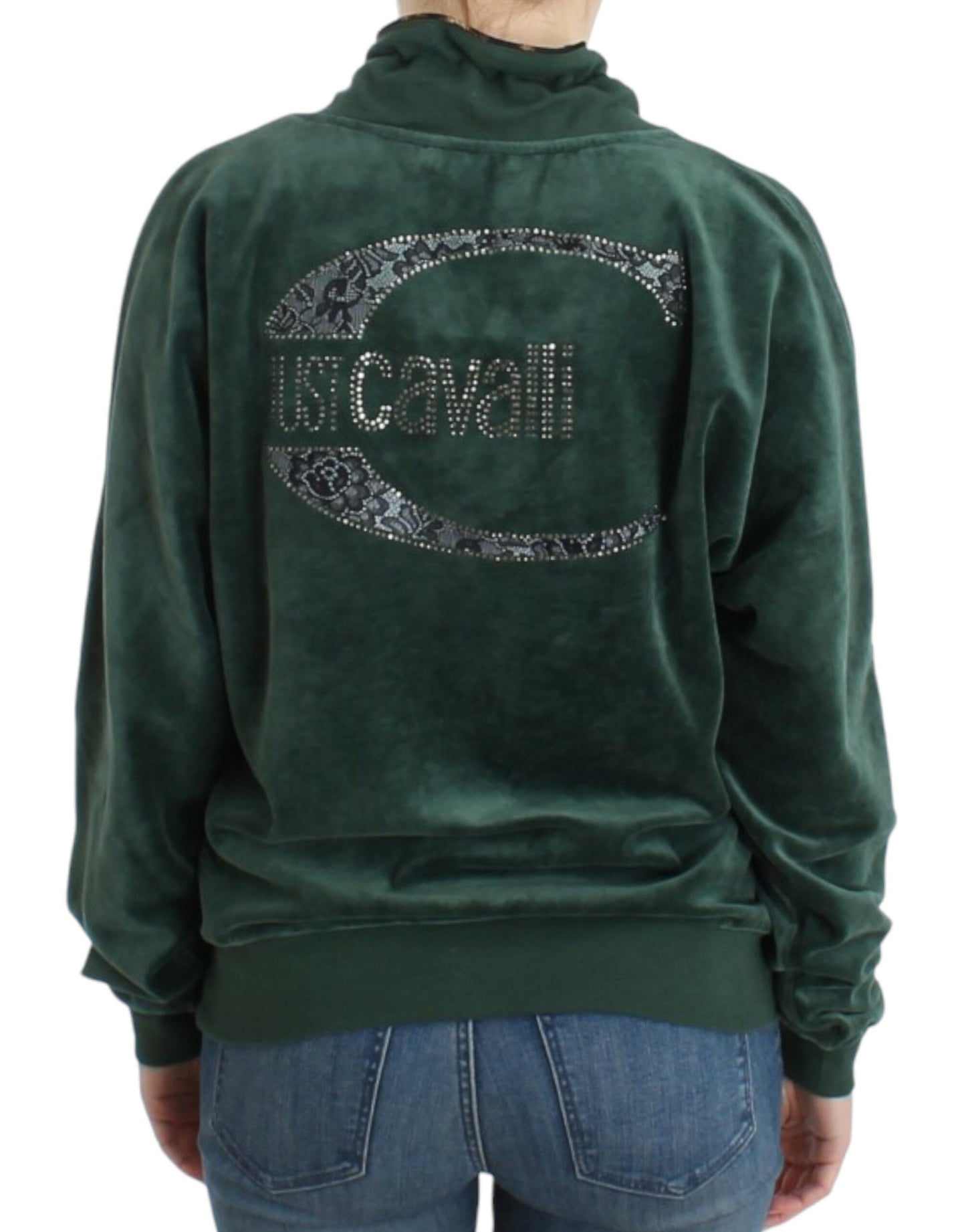 Cavalli Elegant Green Mock Sweater with Rhinestone Detail - Obsession Luxury