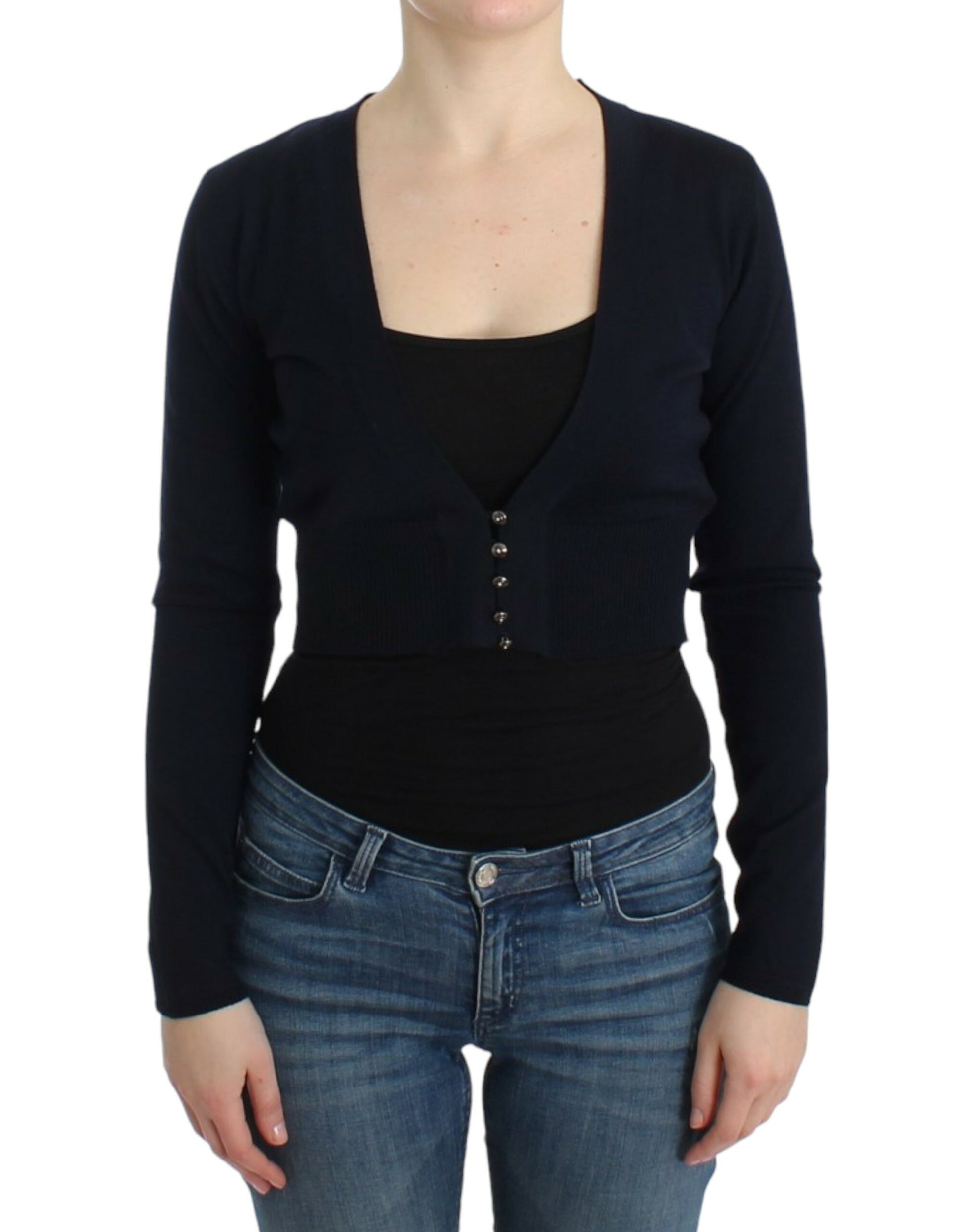 Cavalli Elegant Black Cropped Virgin Wool Cardigan - Obsession Luxury