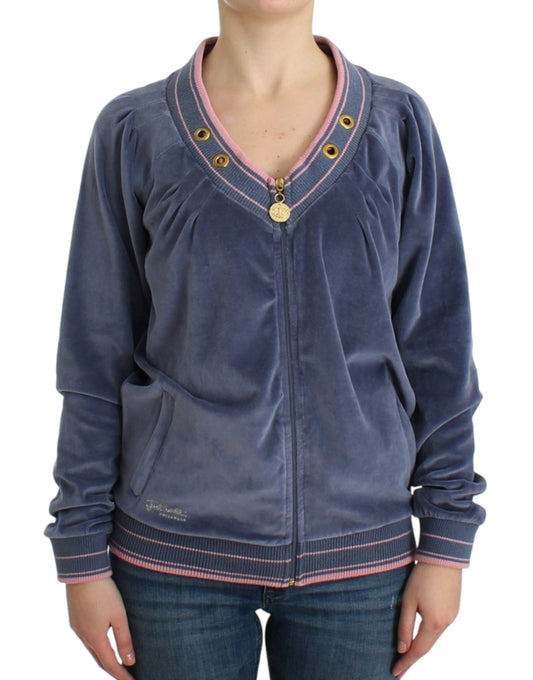 Cavalli Elegant Blue Zip Cardigan with Gold Details - Obsession Luxury