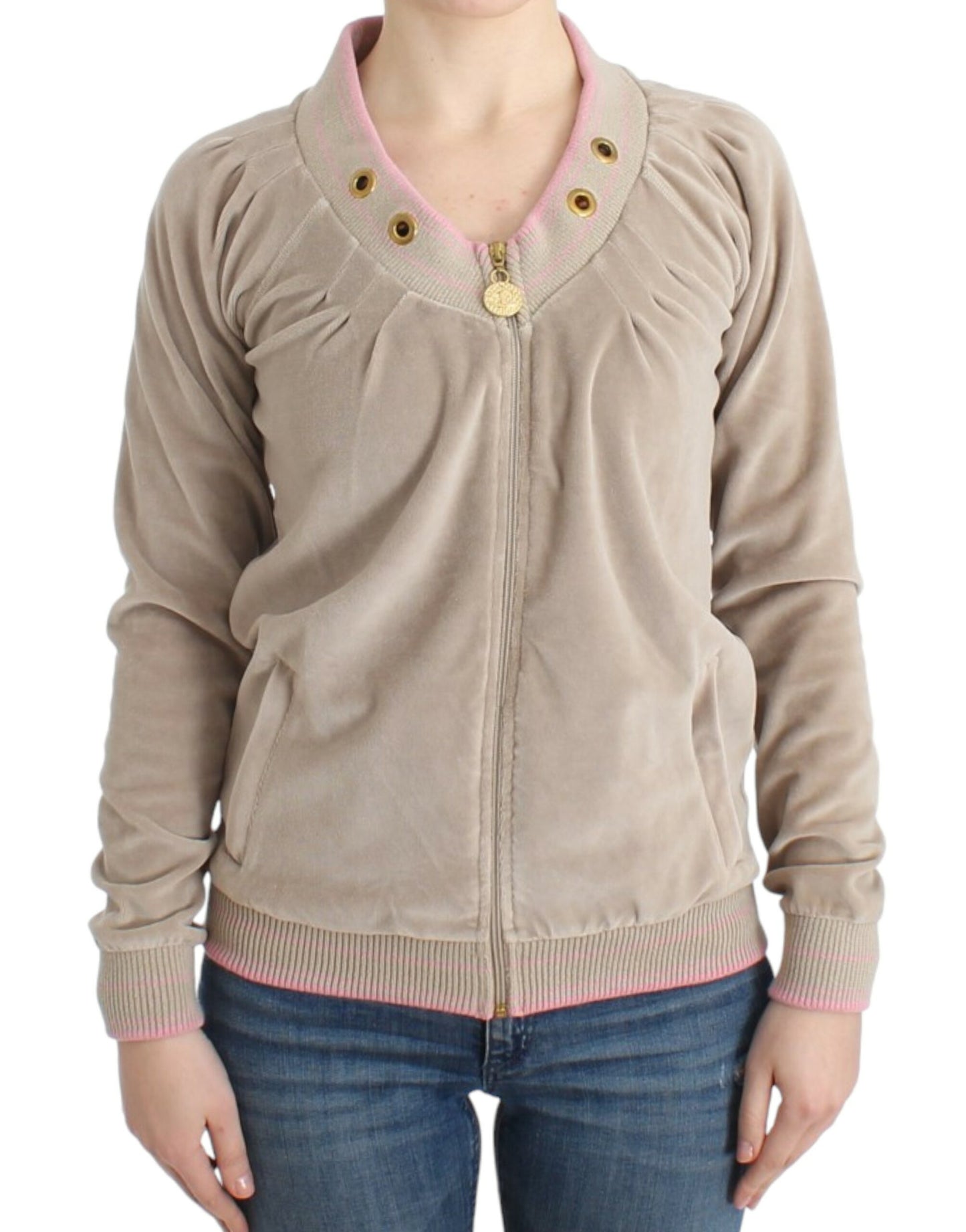 Cavalli Beige Zip Cardigan with Gold Tone Accents - Obsession Luxury