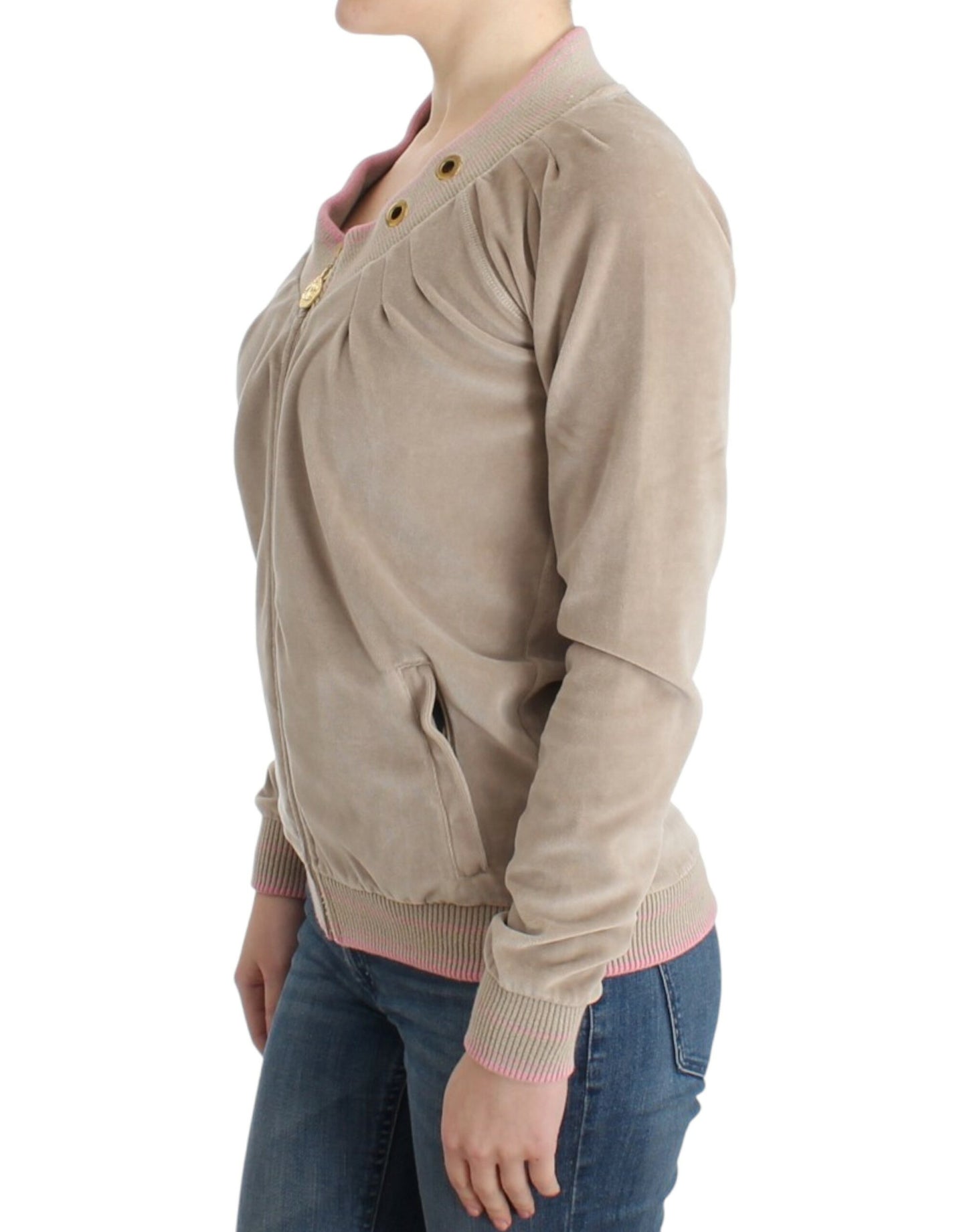 Cavalli Beige Zip Cardigan with Gold Tone Accents - Obsession Luxury