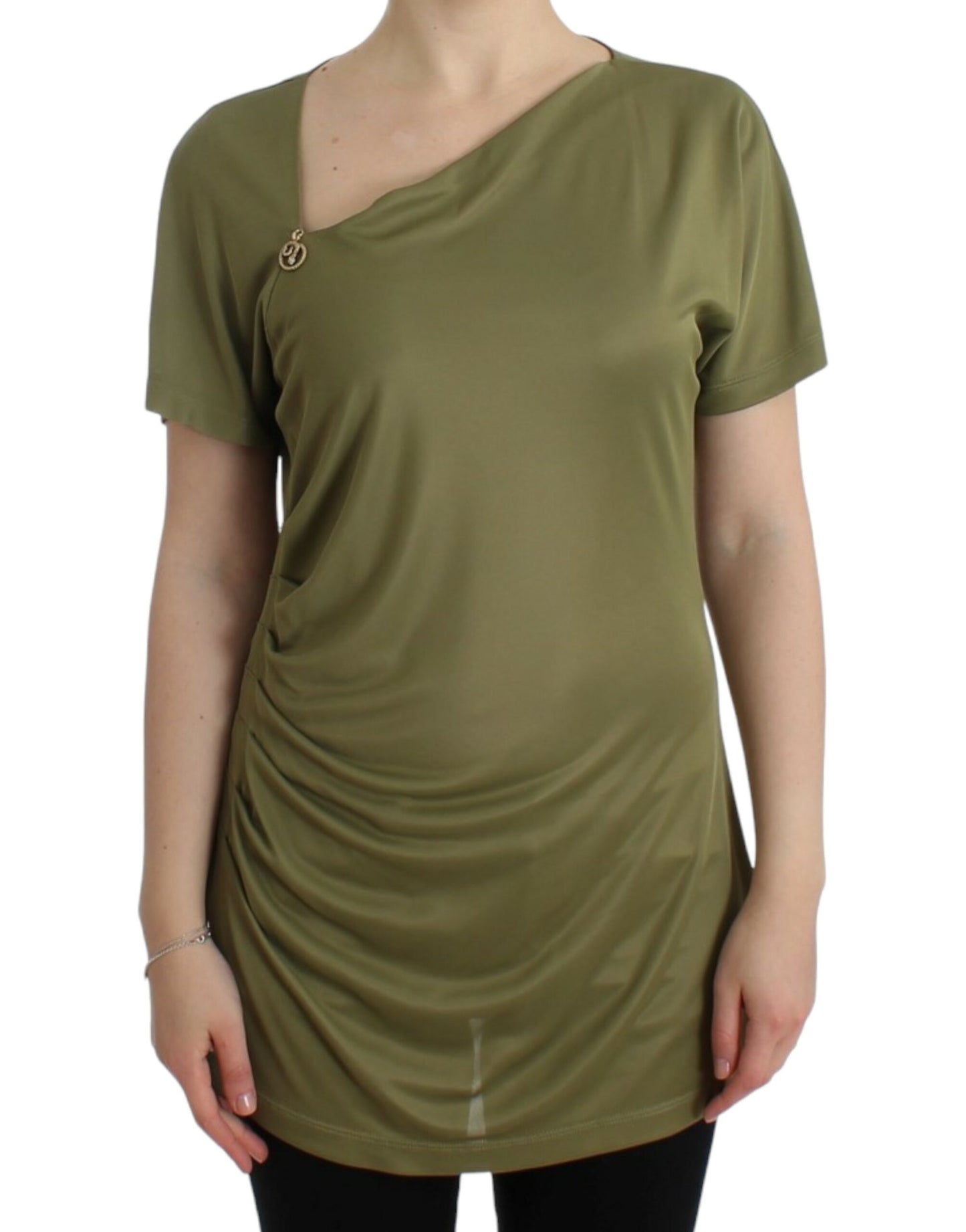 Cavalli Elegant Green Jersey Blouse with Gold Accents - Obsession Luxury