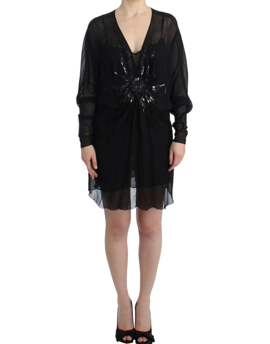 Cavalli Elegant Sheer Black Silk Blouson Dress - Obsession Luxury