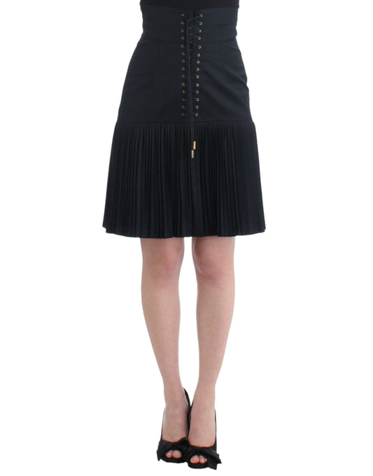 Cavalli Elegant Black Pleated Lace A-Line Skirt - Obsession Luxury