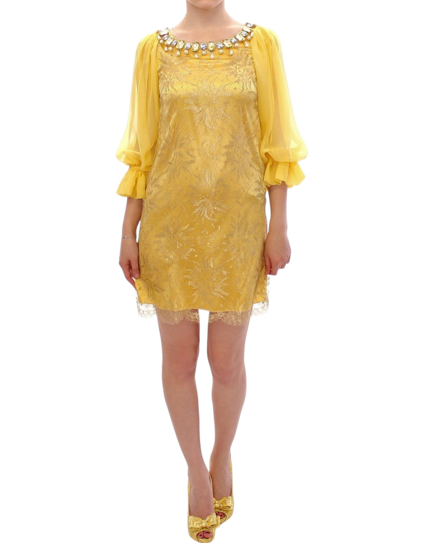 Dolce & Gabbana Yellow Lace Crystal Embellished Mini Dress - Obsession Luxury