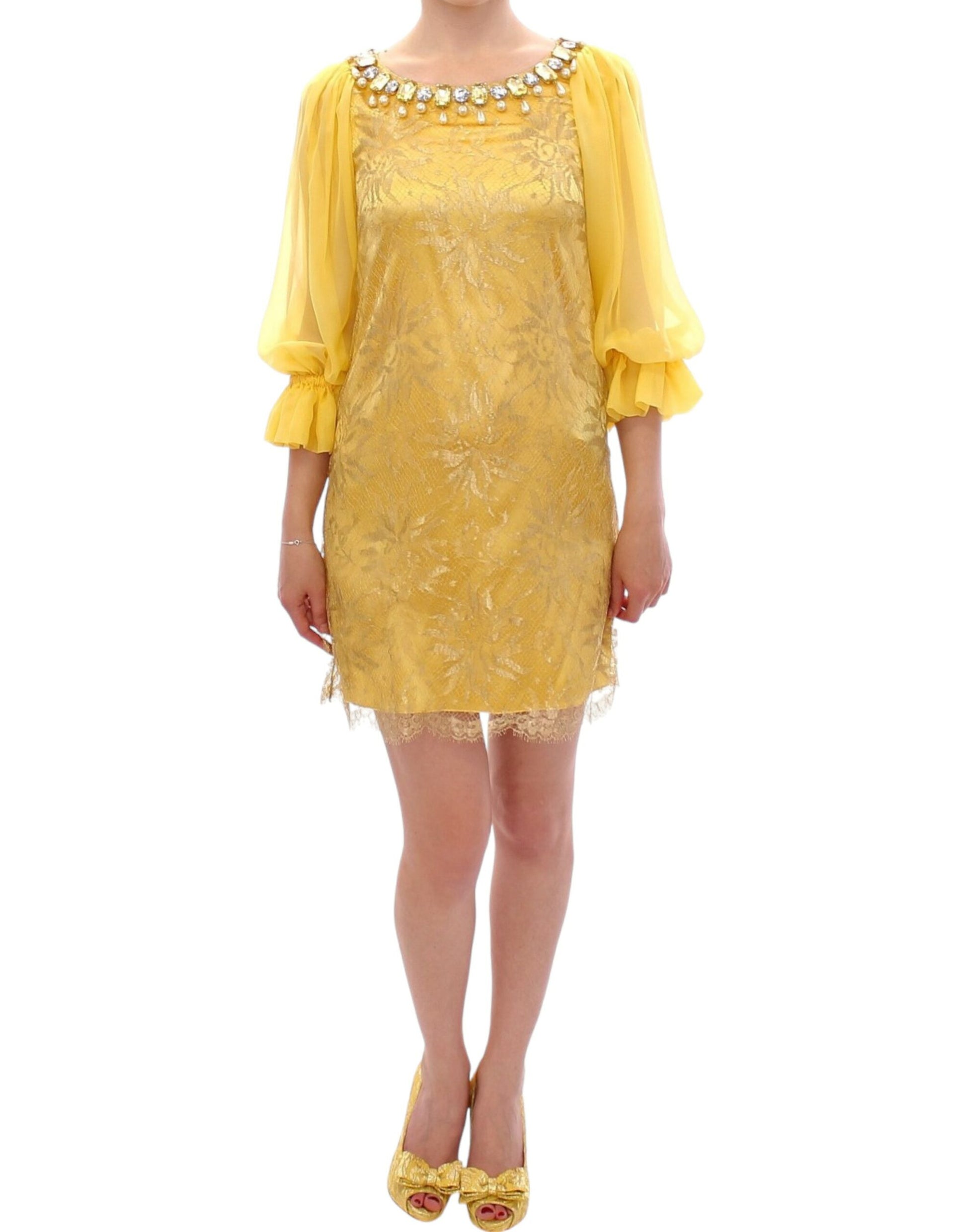 Dolce & Gabbana Yellow Lace Crystal Embellished Mini Dress - Obsession Luxury