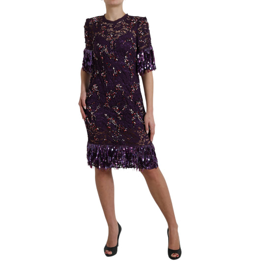 Dolce & Gabbana Elegant Purple Floral Lace Crystal Dress - Obsession Luxury