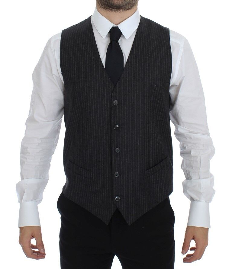 Dolce & Gabbana Elegant Gray Striped Wool Dress Vest - Obsession Luxury