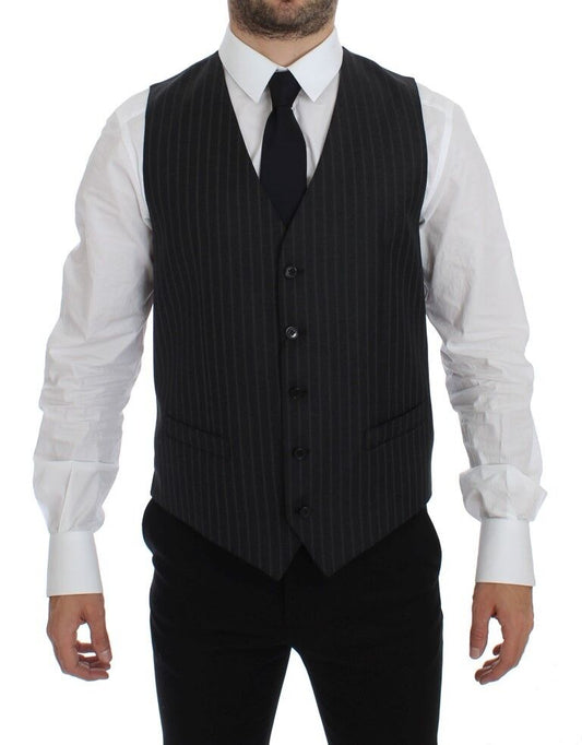 Dolce & Gabbana Elegant Gray Striped Wool Dress Vest - Obsession Luxury