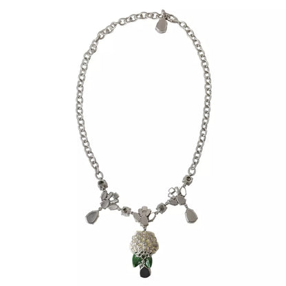 Dolce & Gabbana Silver Brass Clear Crystal Roses Pendants Necklace