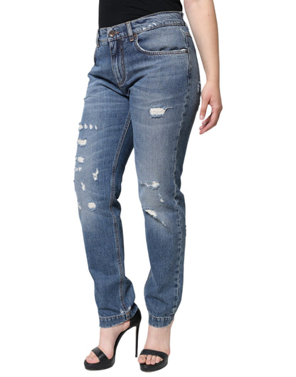 Dolce & Gabbana Blue Cotton Tattered Boyfriend Denim Jeans