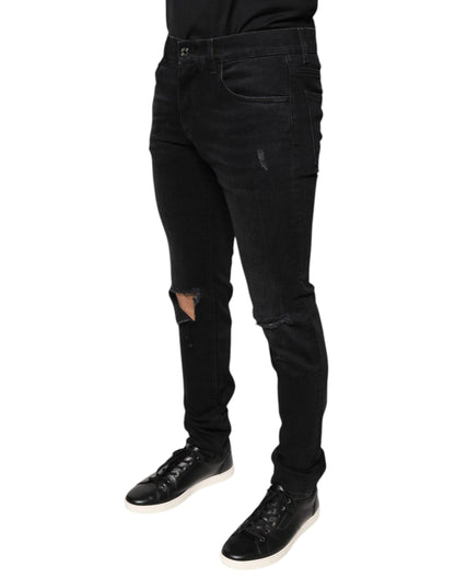 Dolce & Gabbana Black Tattered Cotton Skinny Men Denim Jeans