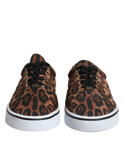 Dolce & Gabbana Brown Leopard Logo Print Cotton Sneakers Shoes