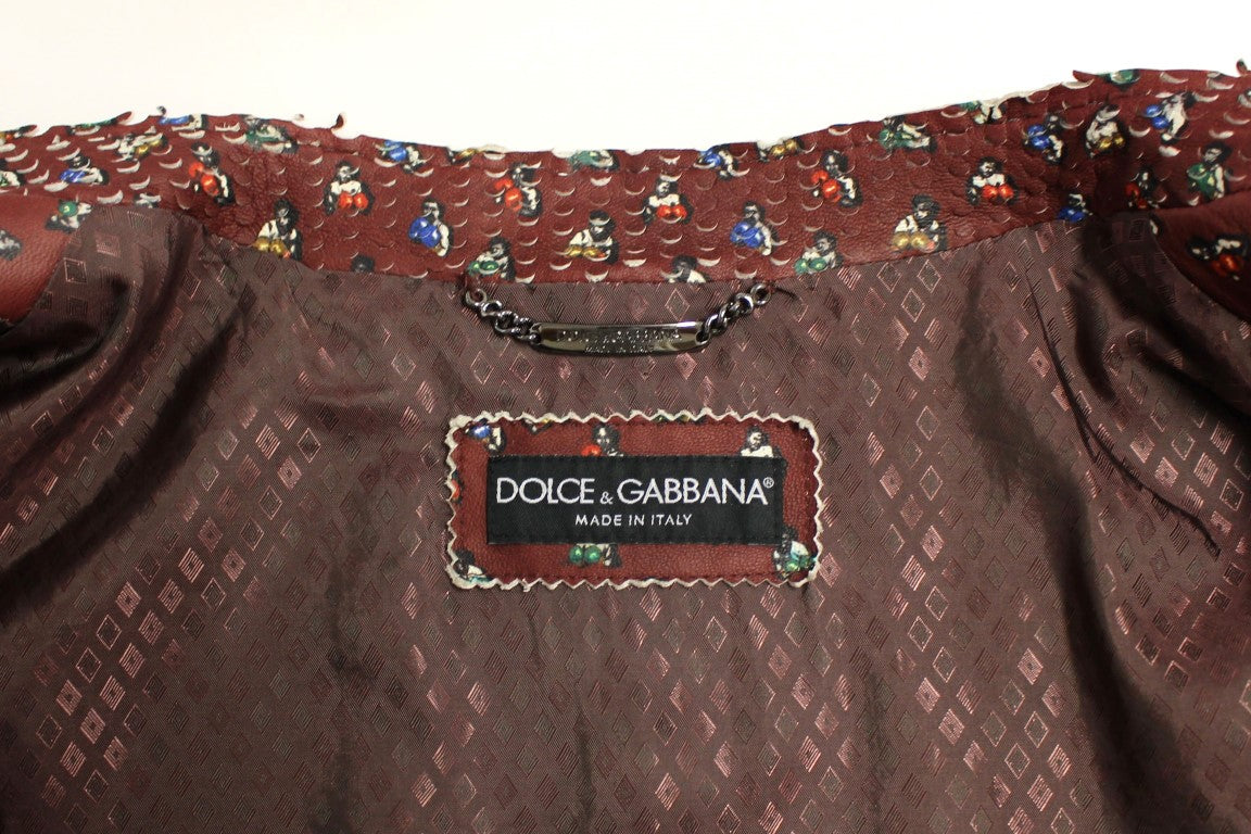 Dolce & Gabbana Exclusive Boxer Print Bordeaux Leather Jacket - Obsession Luxury