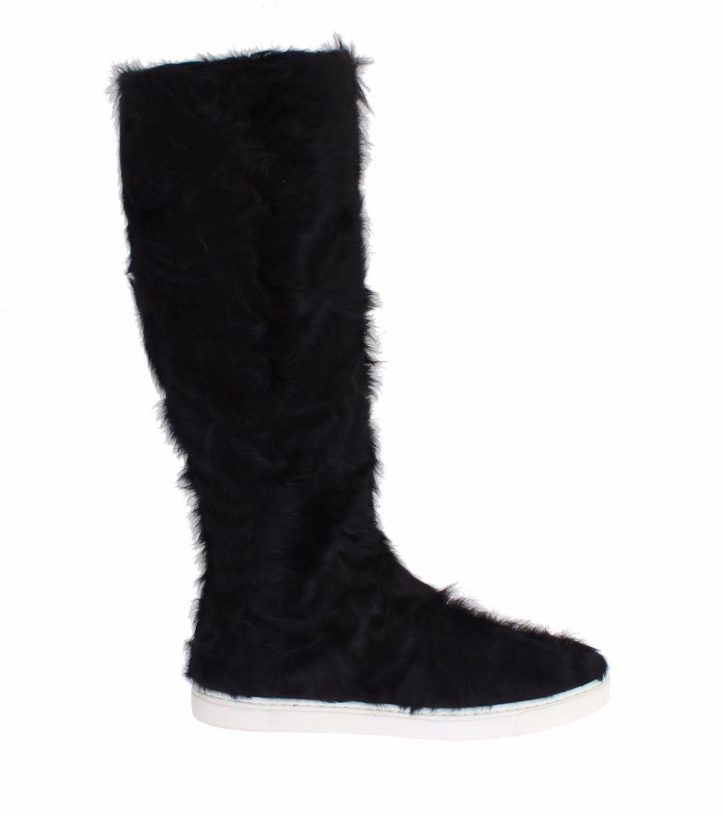 Dolce & Gabbana Elegant Black Fur Leather Flat Sneaker Boots - Obsession Luxury